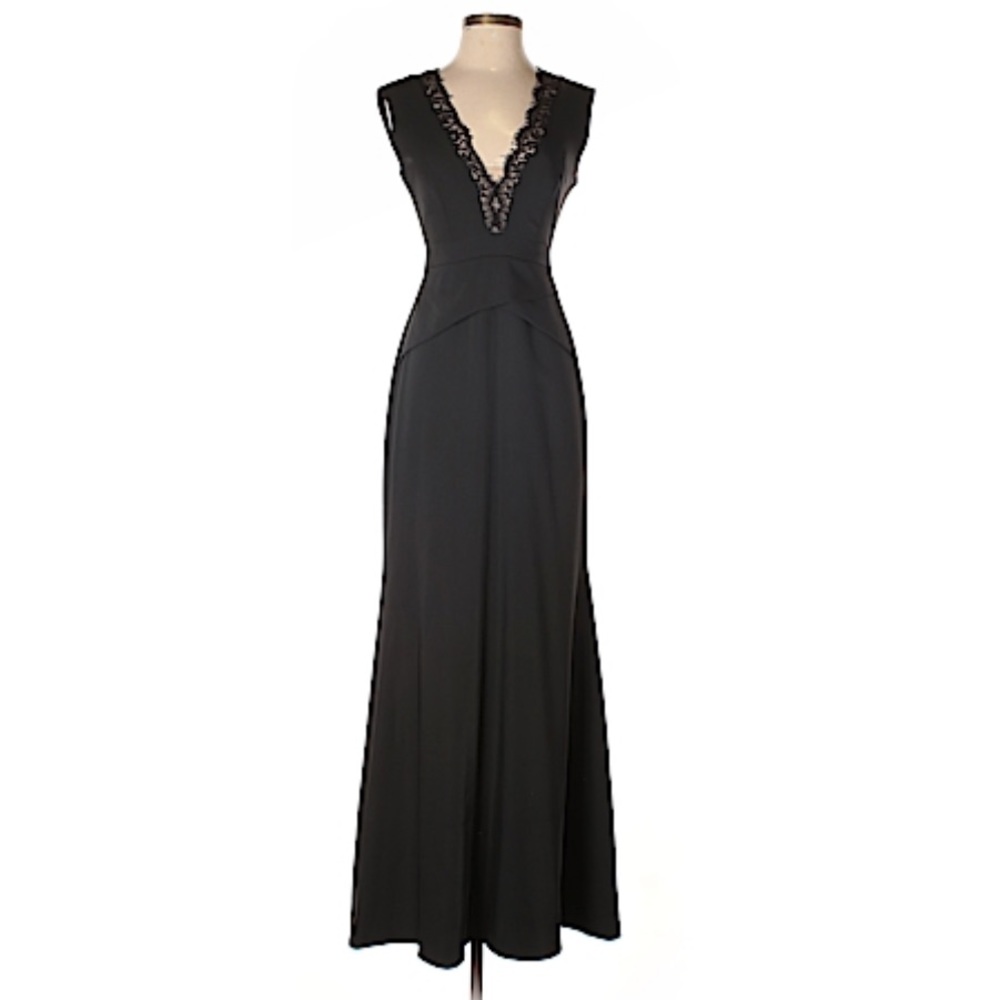 BCBGMAXAZRIA Formal Peplum Maxi Gown with Lace V Neck